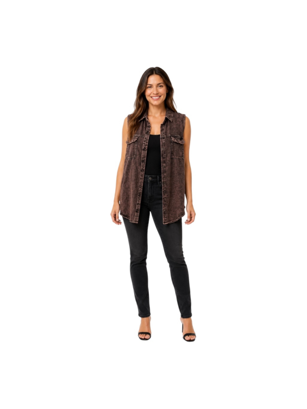 Rock & Republic XL Brown Mineral Wash Sleeveless Button Down Cutout Top